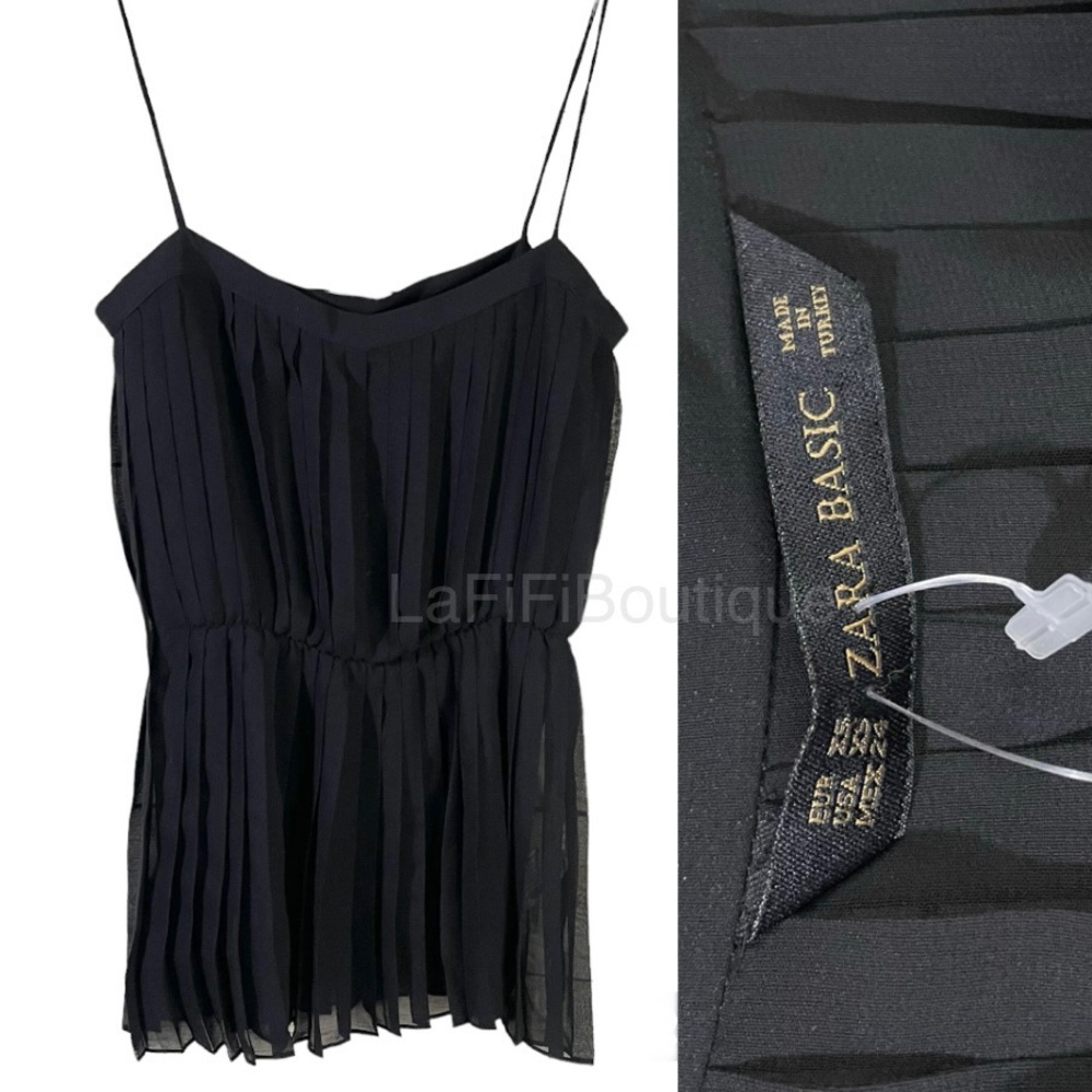 ZARA sheer pleated peplum spaghetti straps black blouse Size XS elastic waist